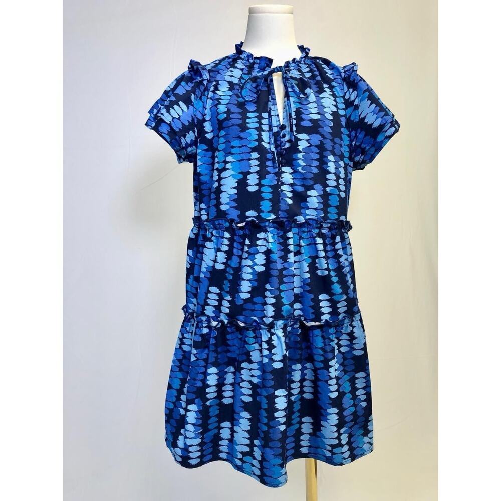Avara‎ 100% Cotton Tiered Ruffle Sleeve Short Dress Blue Print Size M